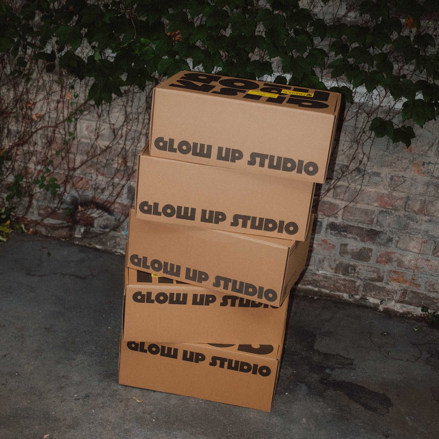 Gestapelte Glow-Up-Studio-Versandkartons vor Ziegelwand mit Efeu.