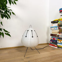 Dekorative Bodenlampe aus Reispapier mit schwarzem Metallgestell. Das minimalistische Muster sorgt für einen eleganten Look. Steht in einer modernen Ecke mit Holzfußboden, grüner Pflanze und einem hohen Stapel Bücher.