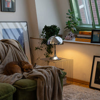 Gemütliche Wohnzimmer-Ecke mit grünem Retro-Sessel, braunem Hund und beiger Decke. Daneben verchromte Midcentury-Tischlampe auf Drahttisch. Auf der Fensterbank Pflanzen, Bücher und Deko, weicher Teppich und Bilderrahmen am Boden.