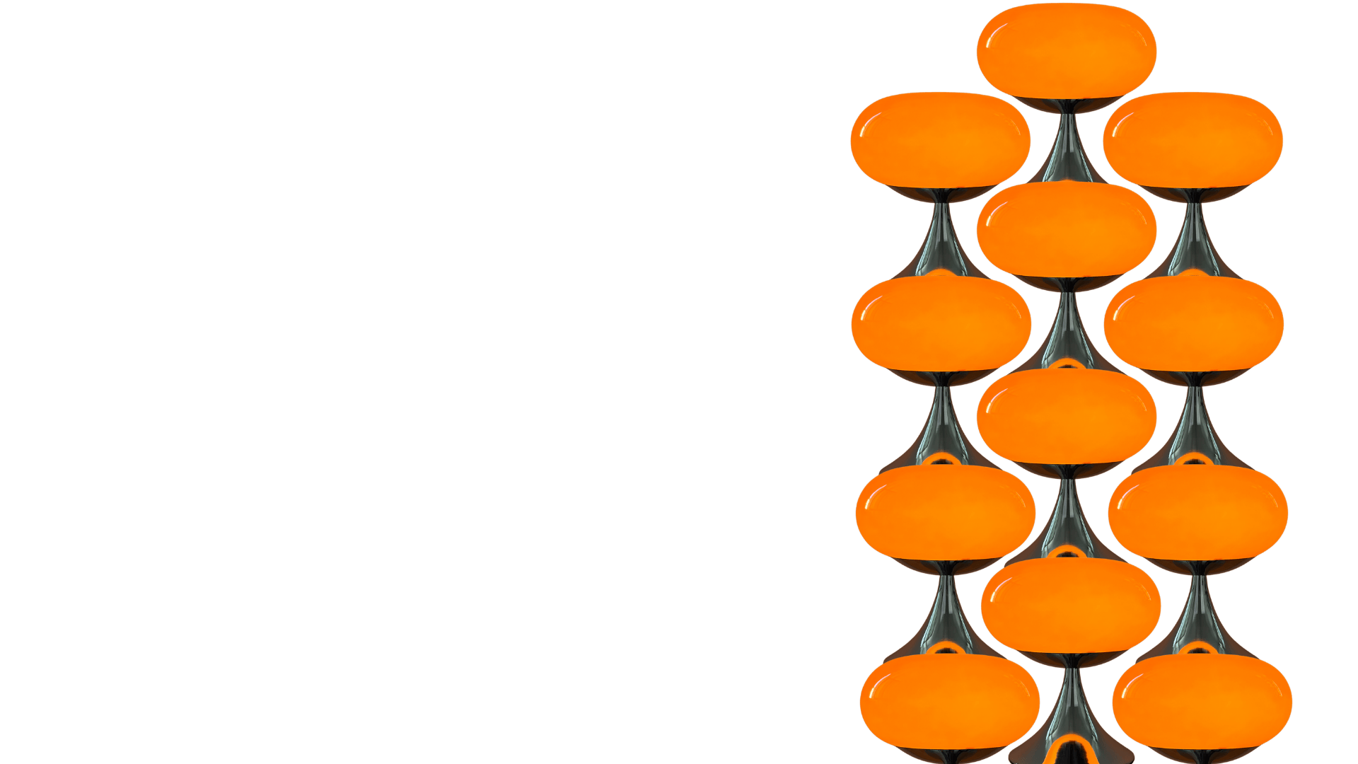Muster aus orangefarbenen Space Age Lampen mit verchromtem Sockel, symmetrisch angeordnet auf transparentem Hintergrund.