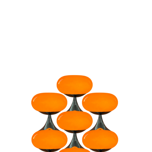 Muster aus orangefarbenen Space Age Lampen mit verchromtem Sockel, symmetrisch angeordnet auf transparentem Hintergrund.